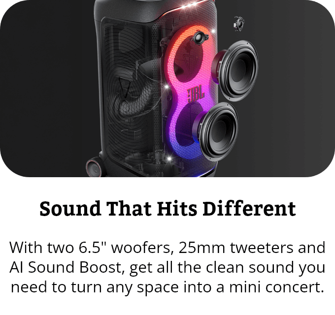 Sound That Hits Different: With two 6.5 inch woofers, 25mm tweeters and AI Sound Boost, get all the clean sound you need to turn any space into a mini concert.