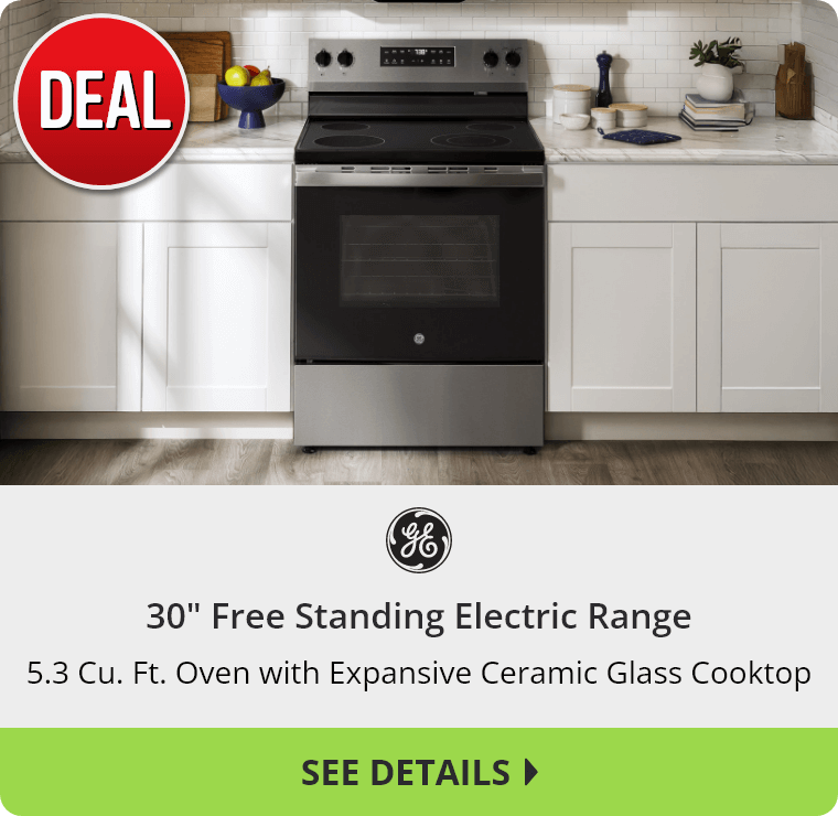 Deal on a GE Appliances 30 inch Free Standing Electric Range with a 5.3 Cubic Feet Oven with Expansive Ceramic Glass Cooktop. See Details.