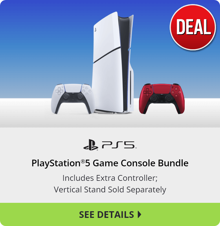 Deal on a Sony PlayStation®5 Game Console Bundle. Includes Extra Controller; Vertical Stand Sold Separately. See Details.