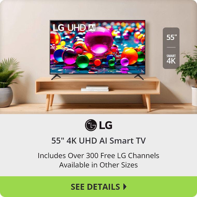 LG 55 inch 4K UHD AI Smart TV. Includes Over 300 Free LG Channels. Available in Other Sizes. See Details.