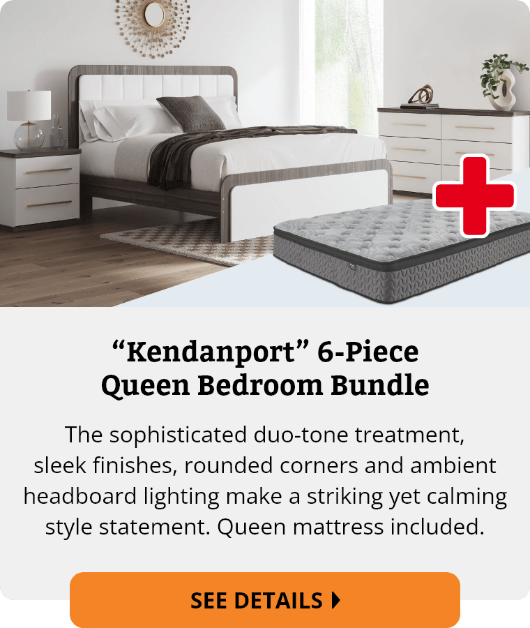 Ashley “Kendanport” 6-Piece Queen Bedroom Bundle. The sophisticated duo-tone treatment, sleek finishes, rounded corners and ambient headboard lighting make a striking yet calming style statement. Queen mattress included. See Details.