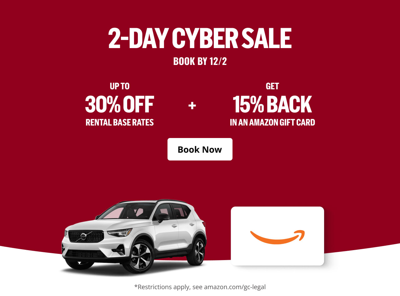 2-DAY CYBER SALE - BOOK BY 12/2 / UP TO 30% OFF RENTAL BASE RATES + GET 15% BACK IN AN AMAZON GIFT CARD | Book Now | *Restrictions apply, see amazon.com/gc-legal
