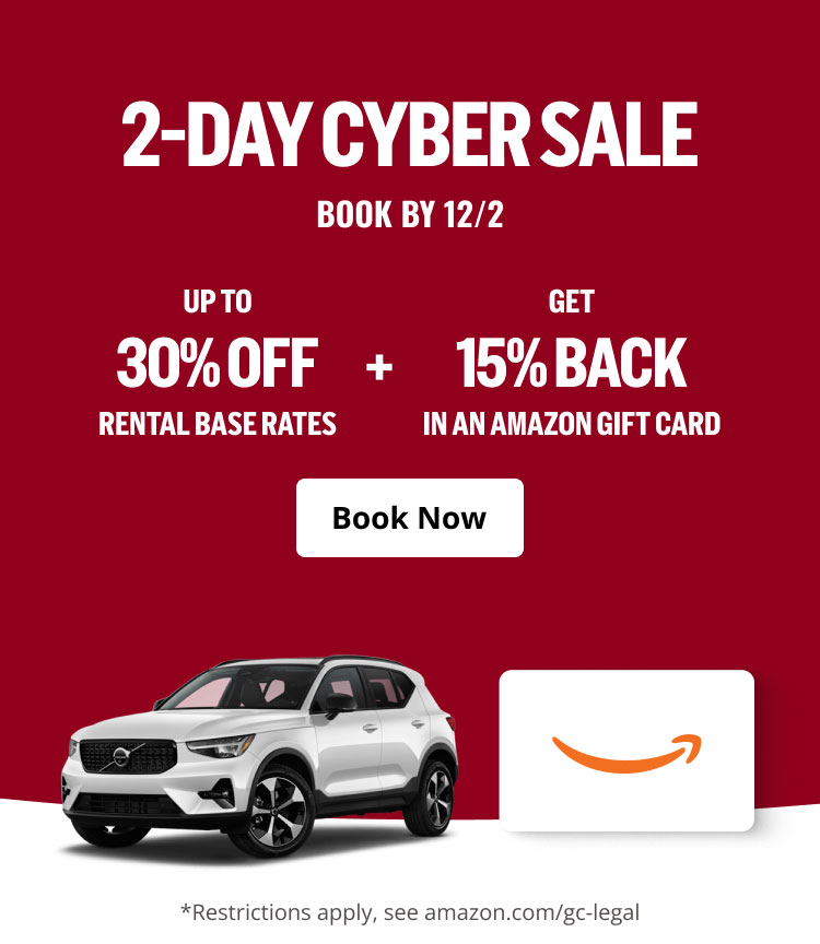 2-DAY CYBER SALE - BOOK BY 12/2 / UP TO 30% OFF RENTAL BASE RATES + GET 15% BACK IN AN AMAZON GIFT CARD | Book Now | *Restrictions apply, see amazon.com/gc-legal