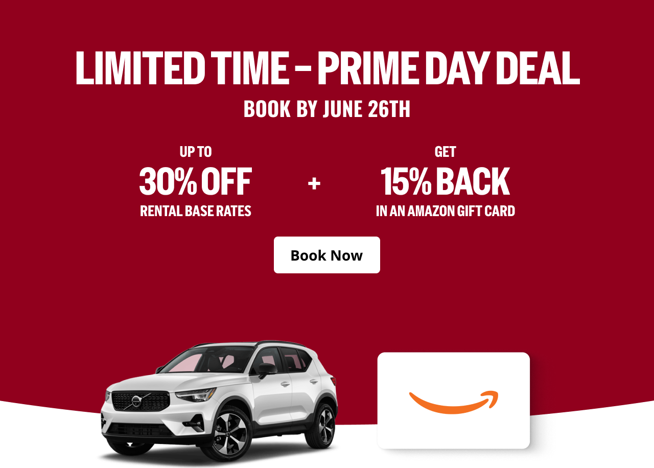LIMITED TIME - PRIME DAY DEAL - BOOK BY JUNE 26TH - UP TO 30% OFF RENTAL BASE RATES + GET 15% BACK IN AN AMAZON GIFT CARD | Book Now | *Restrictions apply, see amazon.com/gc-legal