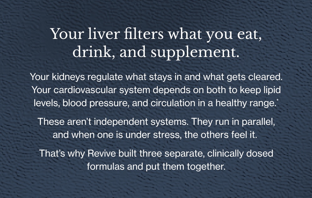 Your liver filters what you eat, drink, and supplement. Your kidneys regulate what stays in and what gets cleared. Your cardiovascular system depends on both to keep lipid levels, blood pressure, and circulation in a healthy range.* These aren’t independent systems. They run in parallel, and when one is under stress, the others feel it. That’s why Revive built three separate, clinically dosed formulas and put them together.