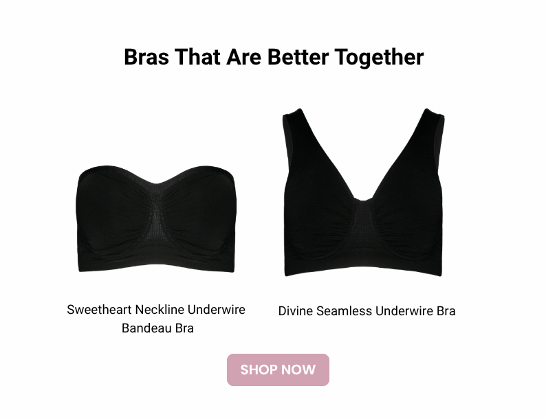 Four black bras displayed: Sweetheart Neckline Underwire Bandeau Bra, Divine Seamless Underwire Bra, Molded Cup Bra, and Shear Sculpt Active Bra. Comfortable everyday bras with underwire support, seamless fit, and active wear design.