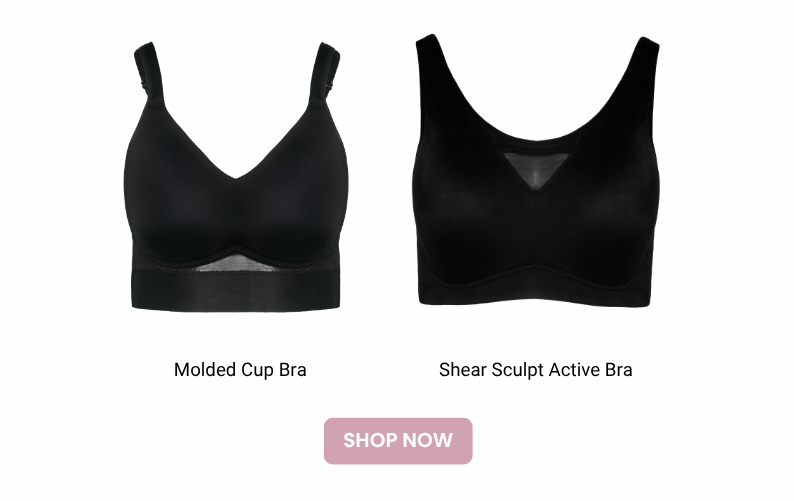 Four black bras displayed: Sweetheart Neckline Underwire Bandeau Bra, Divine Seamless Underwire Bra, Molded Cup Bra, and Shear Sculpt Active Bra. Comfortable everyday bras with underwire support, seamless fit, and active wear design.