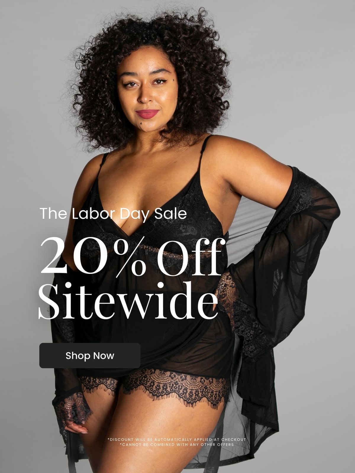 Model wearing black lace lingerie set from the Rhonda Shear Up All Night Collection, featured in the Labor Day Sale — 20% off sitewide. Shop now.