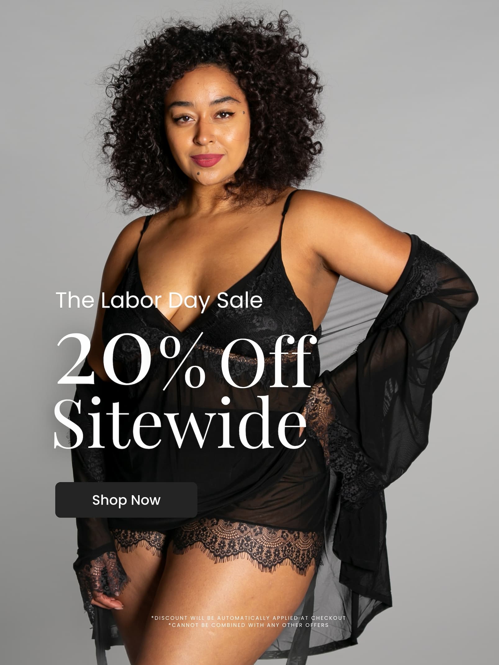 Woman wearing black lace tank top and lace shorts holding a woven bag, standing outside an ice cream shop. Rhonda Shear Intimates Labor Day Sale banner promoting 20% off sitewide with Shop Now button.