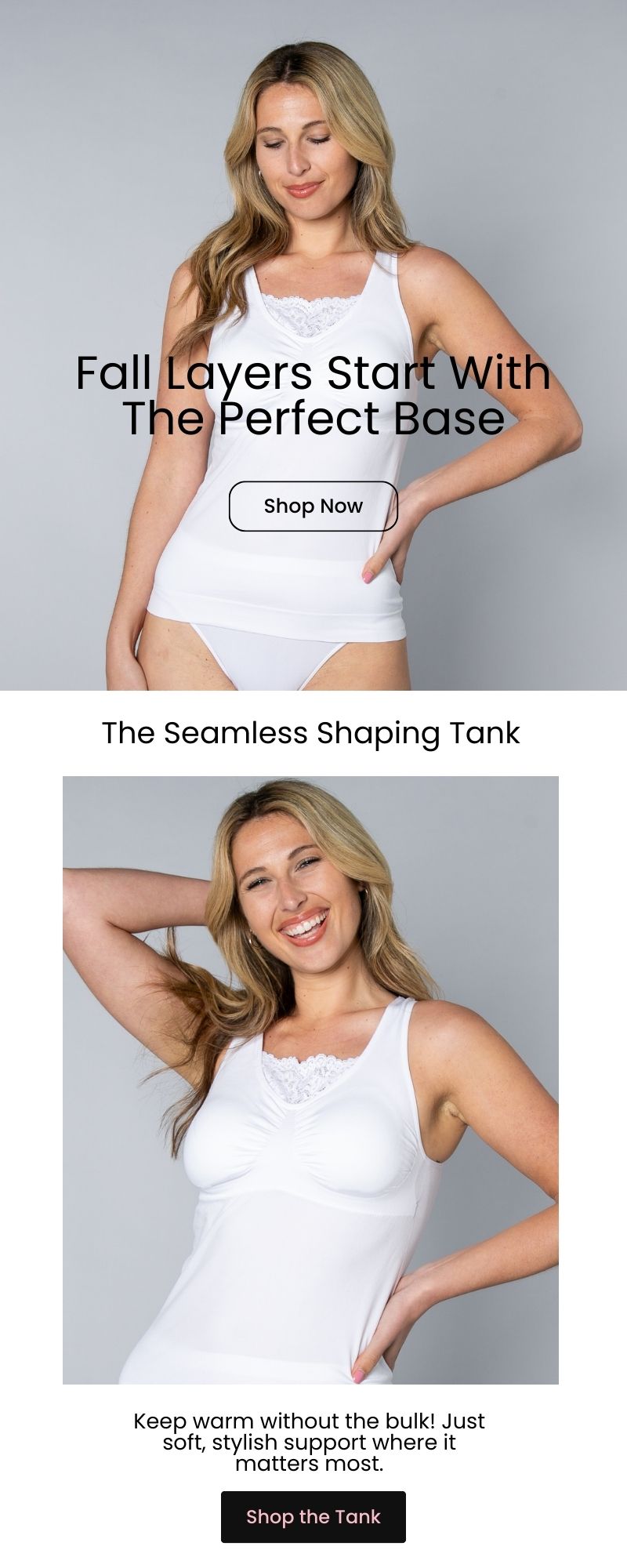 Smiling woman wearing the white Seamless Shaping Tank — smooth, supportive base layer perfect for fall outfits. Shop now and save 20%.