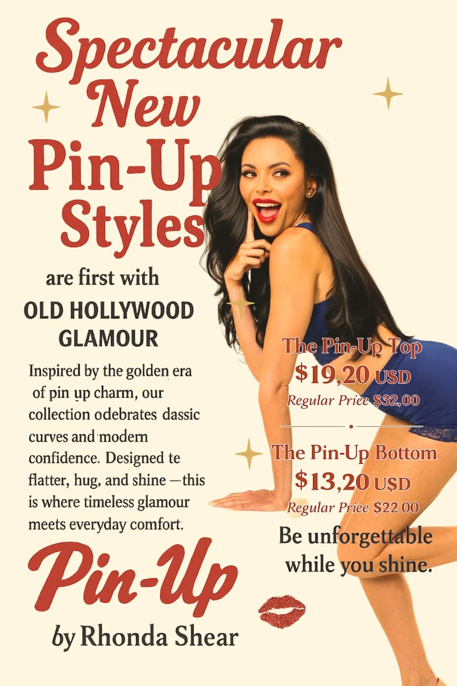 Holiday promotion featuring models in red and black lace pin-up lingerie on a red curtain backdrop, highlighting 40% off the Pin Up Collection and a limited-time holiday sale.
