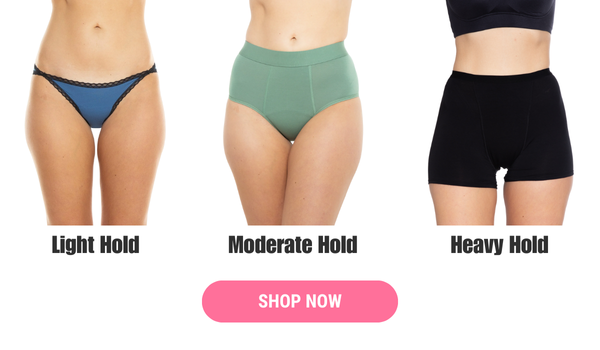 Image showing light, moderate, and heavy hold leak-proof panties for different levels of protection, with a Shop Now button.