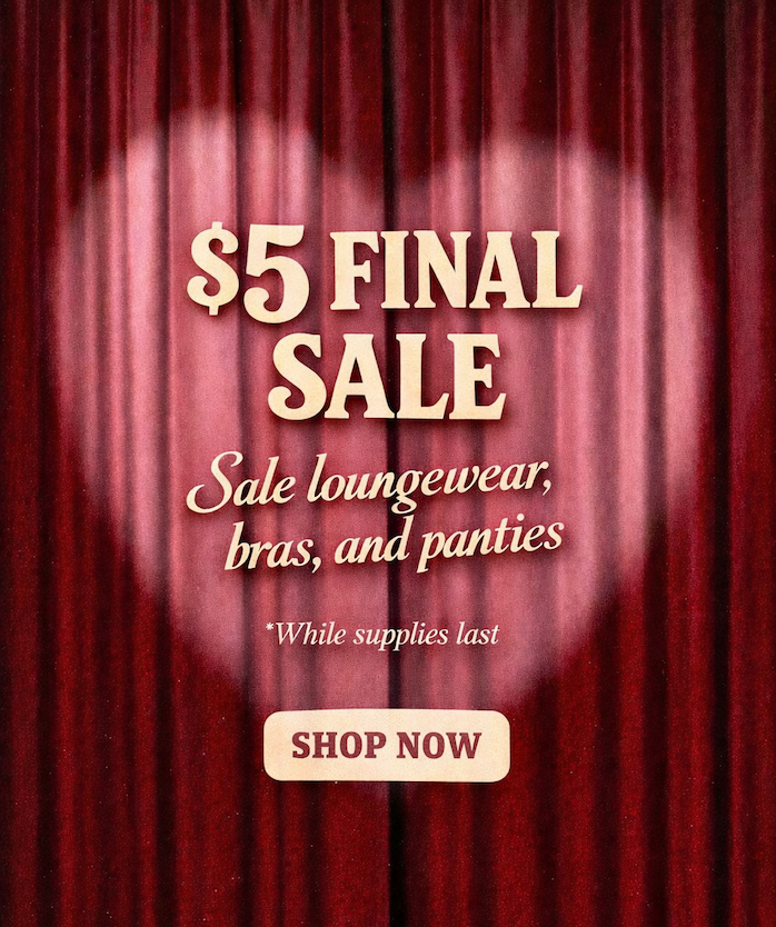 $5 Final Sale on loungewear, bras, and panties with Shop Now button.
