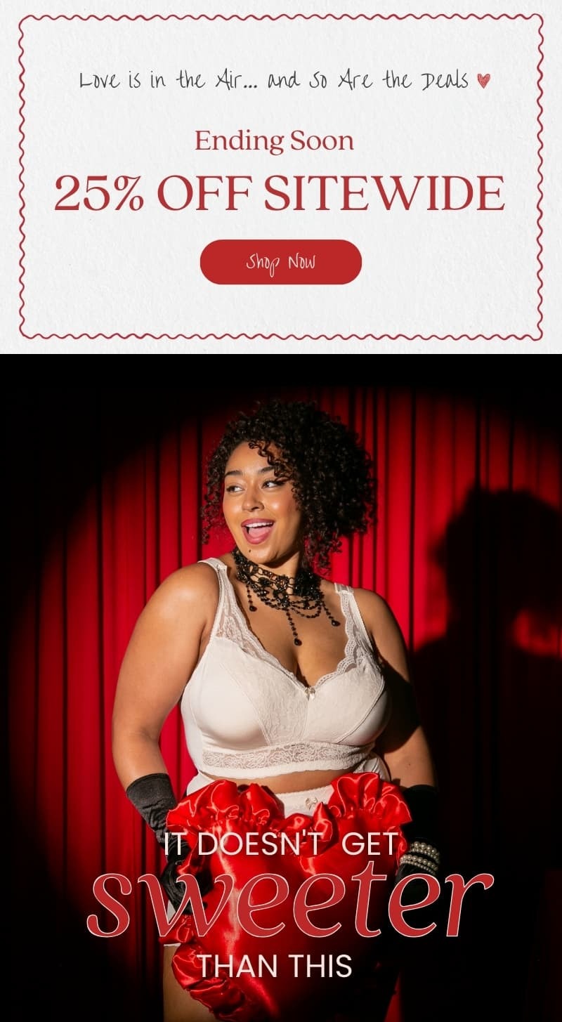 Ending soon: 25% off sitewide. Model wearing white lace lingerie in front of red curtains. Shop now.