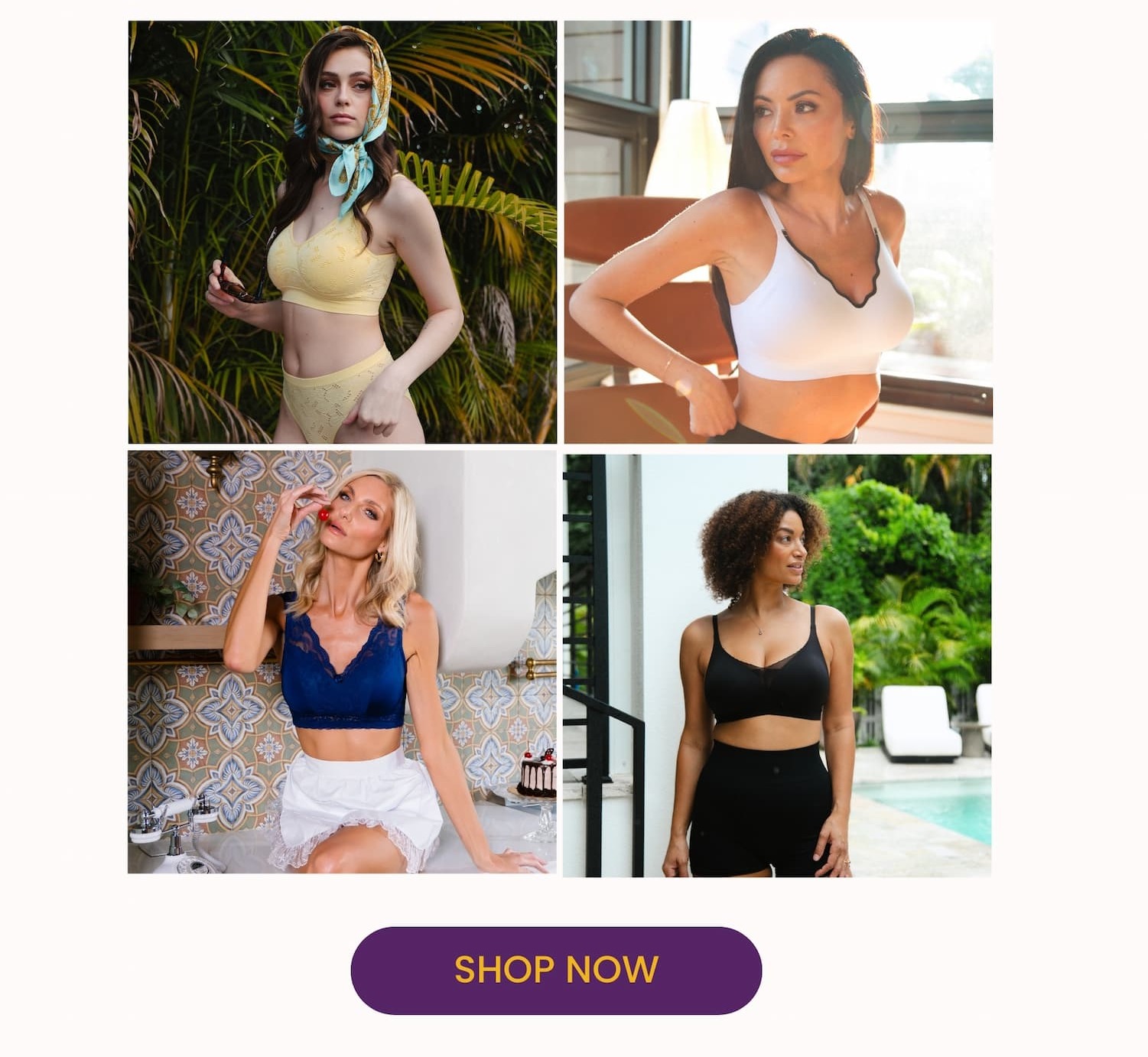 Shop new arrivals featuring a model wearing the Plunge Gel Bra with Mesh, now $25.50, plus a grid of lingerie and lounge styles. Shop Now.