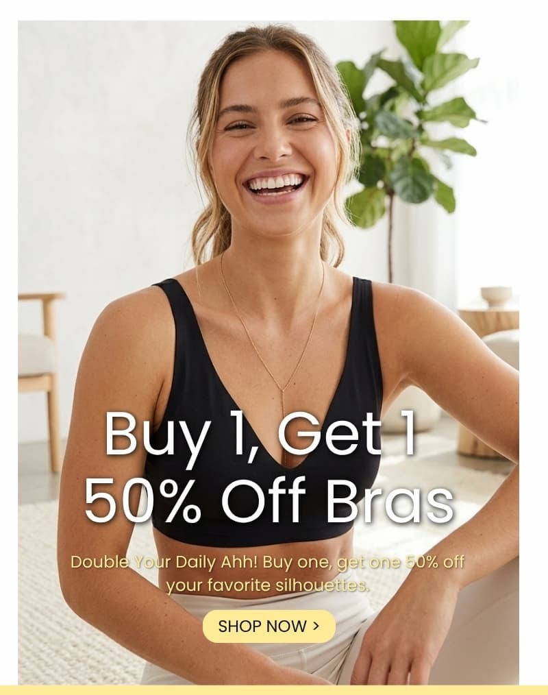 Animated images showcasing Rhonda Shear lbuy 1 get 1 50% off bras this weekend only