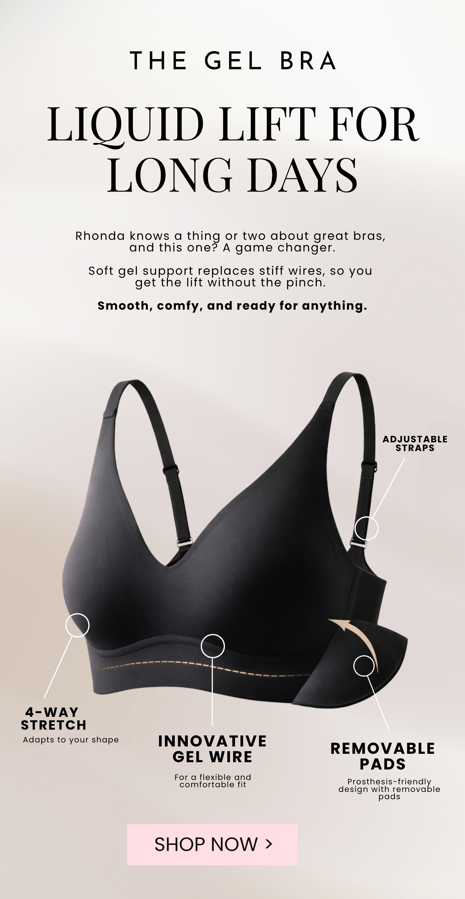 Black seamless gel bra with wire-free support, adjustable straps, and a wide smoothing band, designed for comfortable lift and all-day wear.