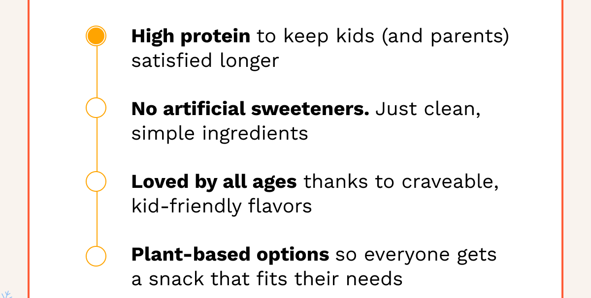 • High protein to keep kids (and parents) satisfied longer • No artificial sweeteners. Just clean, simple ingredients • Loved by all ages thanks to craveable, kid-friendly flavors • Plant-based options so everyone gets a snack that fits their needs