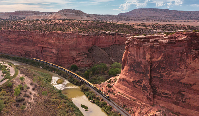 Exterior of Rocky Mountaineer train near Ruby Canyon along the Rockies to the Red Rocks route.