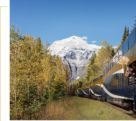 View of Mount Robson from the GoldLeaf Service vestibule on Journey through the Clouds.