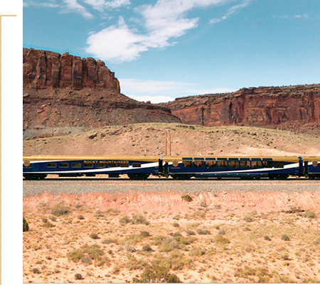 Exterior of Rocky Mountaineer train near Seven Mile along the Rockies to the Red Rocks route.