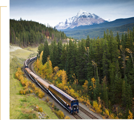 Rocky Mountaineer approaching Mount Fitzwilliam on the BC-Alberta Border.