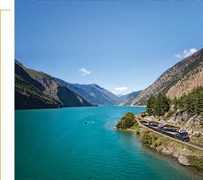 Rocky Mountaineer travelling past Seton Lake.