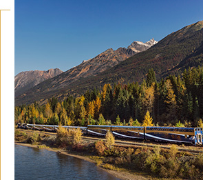Rocky Mountaineer travelling along the water, surrounded by green and golden trees.