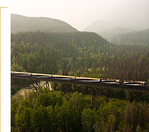 Rocky Mountaineer crossing a bridge.