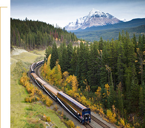 Rocky Mountaineer approaching Mount Fitzwilliam.