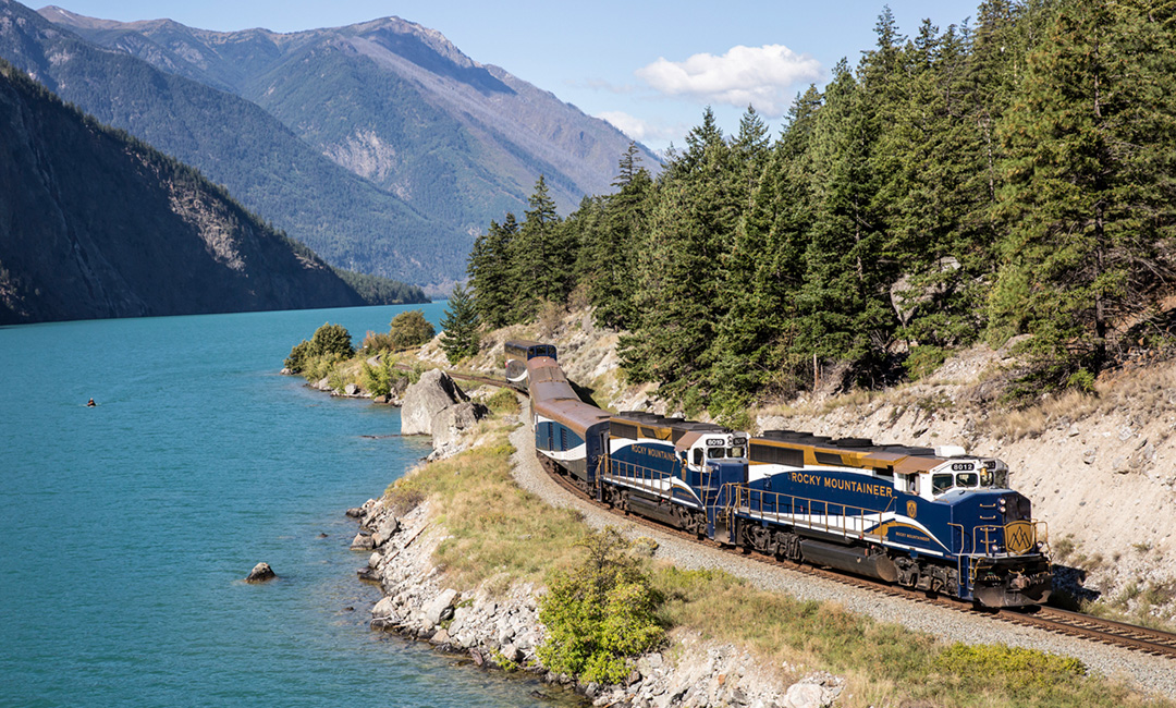 Rocky Mountaineer train near Seton Lake.