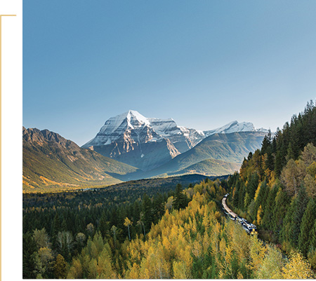Rocky Mountaineer travelling past Mount Robson.