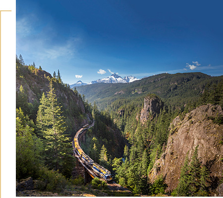 Rocky Mountaineer travelling past Cheakamus Canyon.