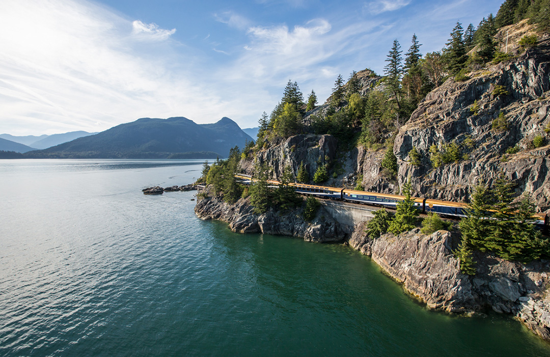Rocky Mountaineer travelling along the Sea to Sky Corridor on the Rainforest to Gold Rush route. 