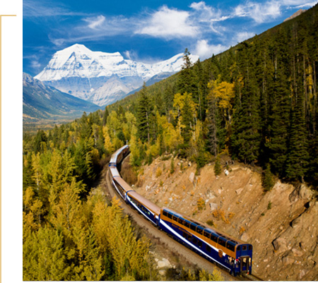 Rocky Mountaineer travelling past Mount Robson.