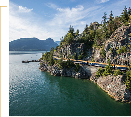 Rocky Mountaineer travelling along the Sea to Sky Corridor on the Rainforest to Gold Rush route.