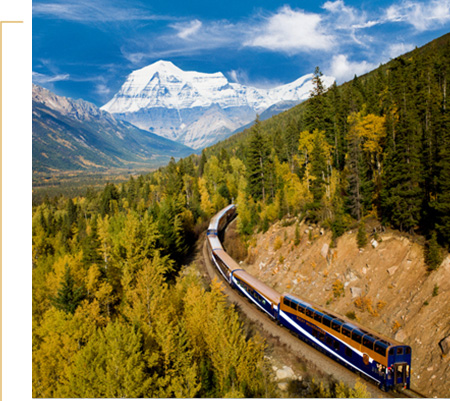Rocky Mountaineer travelling past Mount Robson.