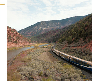 Rocky Mountaineer train near Red Canyon.