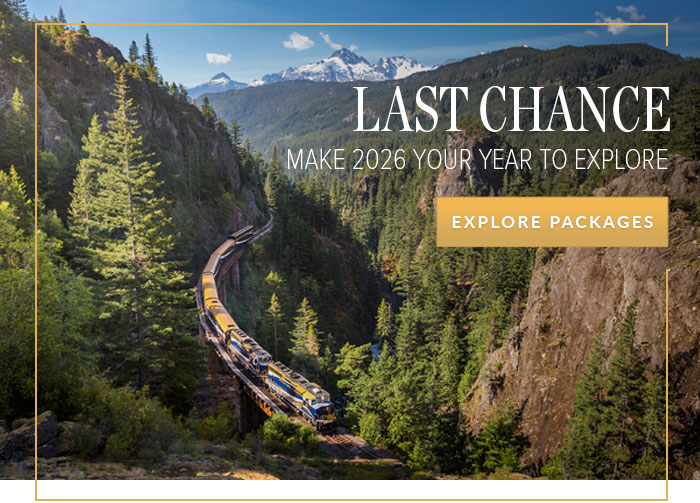 Train through forrest with mountains in the distance