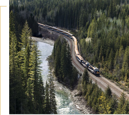 Rocky Mountaineer train between forrest and river