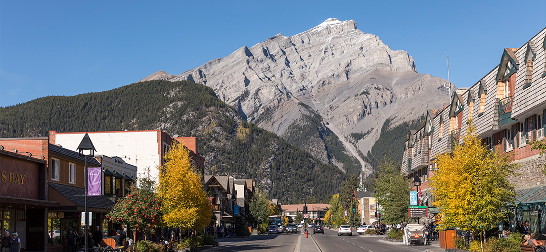 A view of Cascade Mountain with the Town of Banff below.