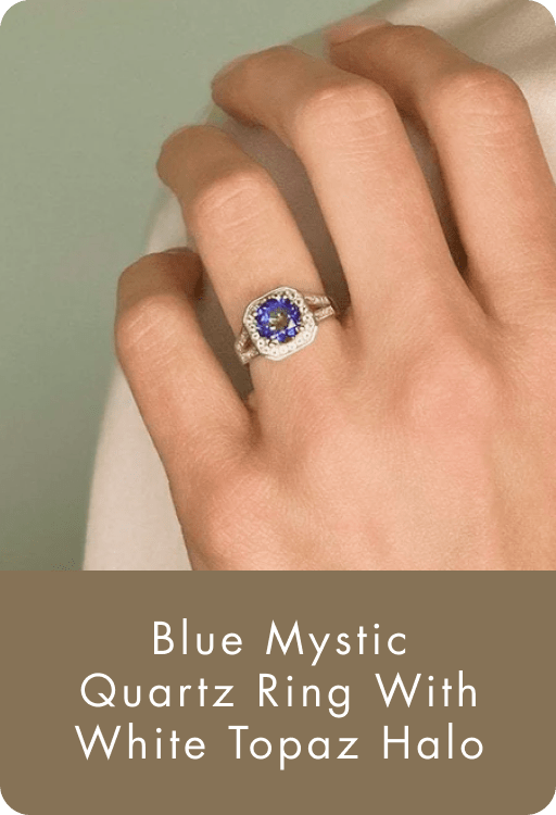 Blue Mystic Quartz Ring With White Topaz Halo