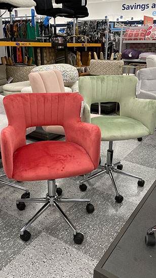 Rolling velvet desk chairs in bright colors at Ross