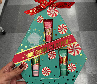 Set of hand lotion in festive holiday box from Ross.