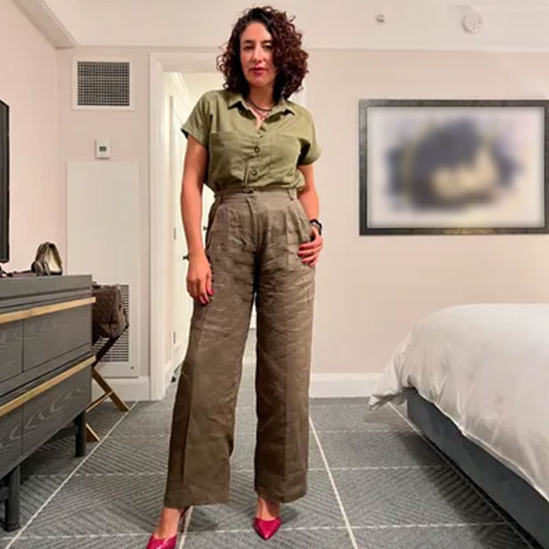 Woman in festive heels and slacks from a Ross Store