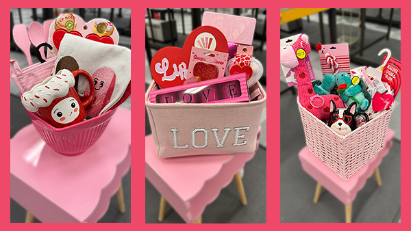 Valentine’s Themed Baking Supplies in Pink Bowl Found in Ross Store, Valentine’s Themed Makeup and Candle in Pink Storage Basket Found in Ross Store, Valentine’s Themed Pet Toys in Pink Basket Found in Ross Store