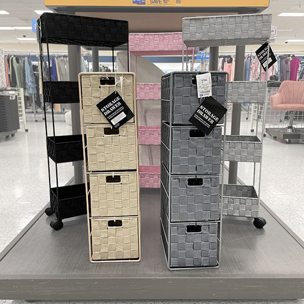 Black, pink, grey and beige storage units found at Ross Store.