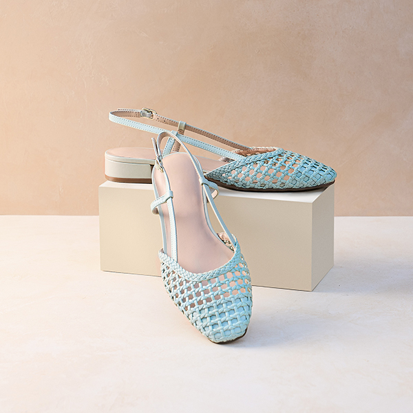 Mint blue rattan closed toe sandals from Ross.
