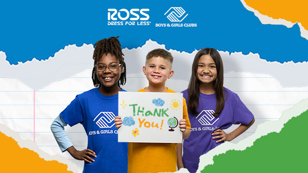 Ross and Boys and Girls Club Donations. Three smiling children holding a thank you sign