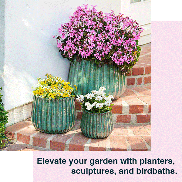 Teal pedestal bird bath in a garden with pink flowers.   Three seafoam green planters with pink, yellow and white flowers on brick steps.   Mother nature with a pink flowers stone statue birdbath in a garden. 